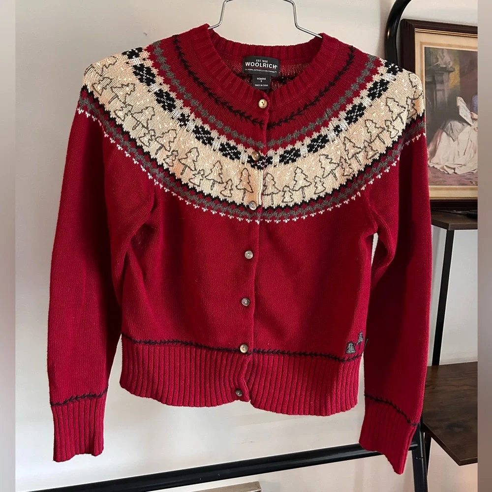 Vintage Woolrich Red Fair isle Cardigan size Small - Picture 1 of 7
